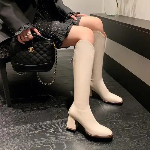 马油牛皮粗高跟高筒及膝长靴