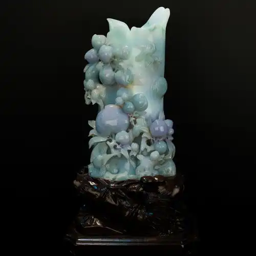 缅甸玉天然翡翠a货 糯底带紫花鸟翡翠摆件 福寿笔筒 可出证书