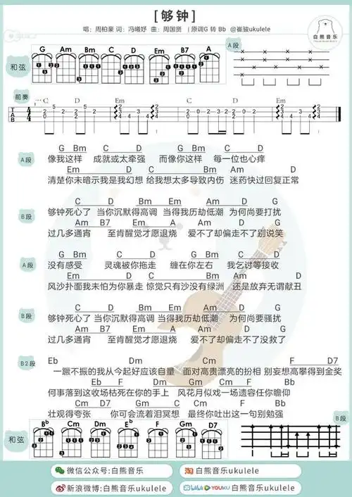 一首很动听的粤语金曲〈够钟〉周柏豪/尤克里里&吉他弹唱谱