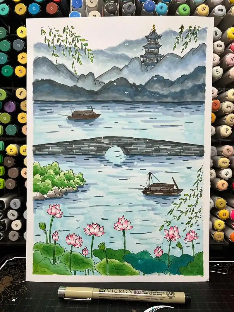 西湖绘画马克笔 - 抖音
