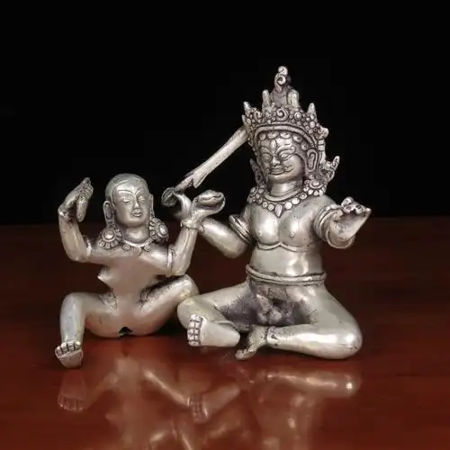 密宗铜欢喜佛黄铜欢喜财神佛像分体家居供奉家装饰品车载人物摆件 银