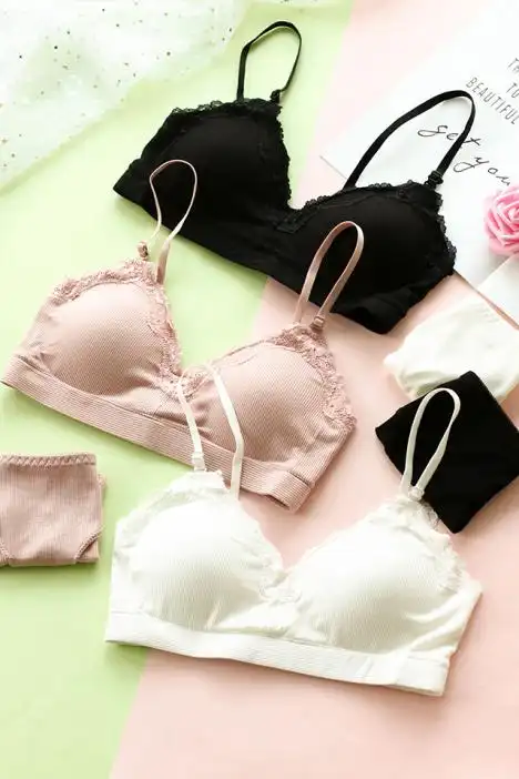 蕾丝边针织棉螺纹舒适三角杯无痕无钢圈性感内衣少女学生简约薄杯文胸