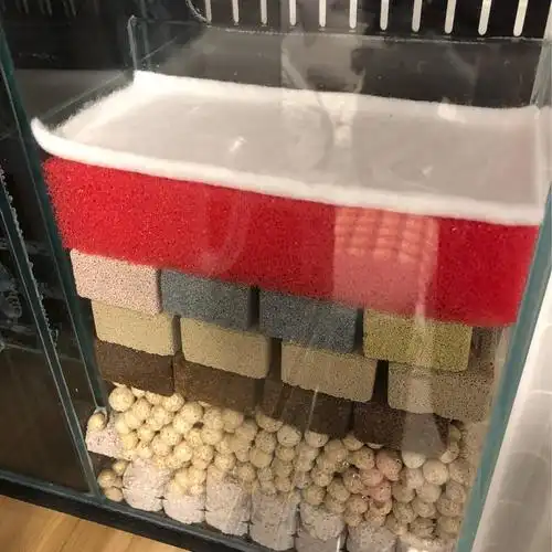 背滤小海缸 养活石和珊瑚 第一格放滤材 大伙推荐一下滤材 目前是这样