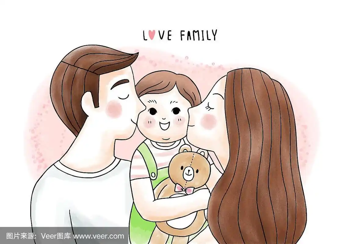 卡通可爱的爸爸和妈妈亲吻和拥抱我们的宝宝和熊娃娃向量.