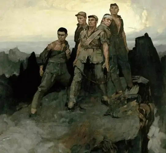 画作描绘的是抗日战争时期五位八路军战士在寡不敌众的情况下顽强战斗