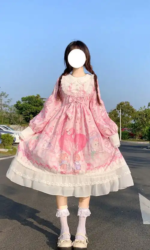 设计甜心小镇op长袖洛丽塔裙子lolita裙学生可爱连衣裙萌紫色罩纱m小