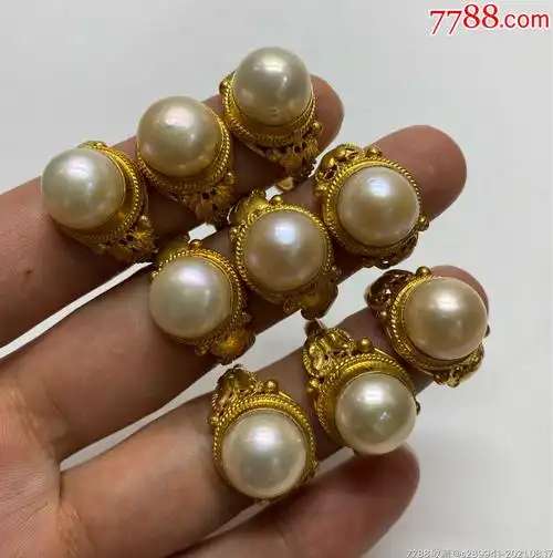 清代银鎏金镶嵌珍珠戒指