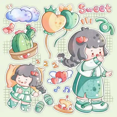 少女系列绿色仙人掌妹妹贴纸手账素材