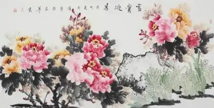 寇萍四尺横幅写意国画牡丹《富贵迎春》