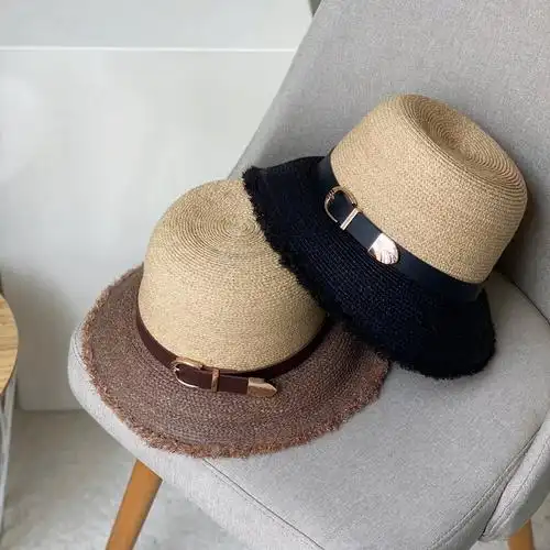 浪漫腰间破须拼色皮边拉菲拉菲草草帽遮阳度假帽子