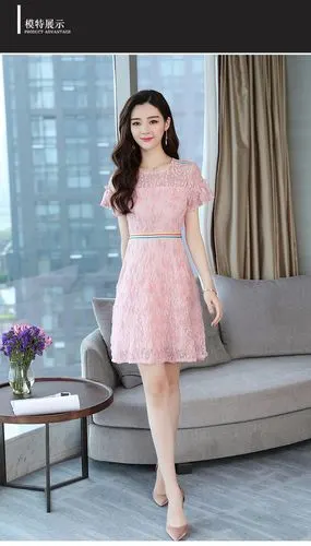 实拍9656#新款女装蕾丝连衣裙复古修身短袖夏季裙子时尚圆领a字裙_货