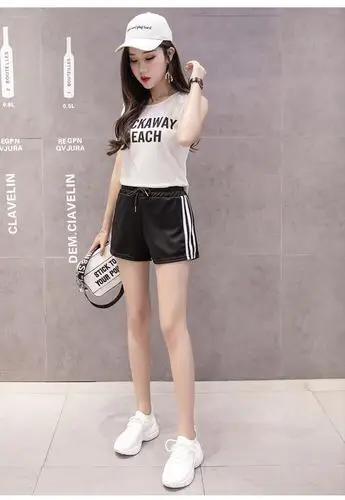 audde 2019夏季新品女装短裤女松紧腰系带运动胖mm休闲三杠 kkzthy