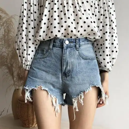 新款破洞牛仔短裤女夏季韩版高腰大码胖mm宽松流苏毛边a字阔腿热裤潮