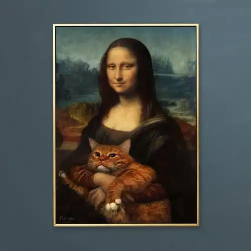 蒙娜丽莎的微笑抱猫挂画装饰画竖版名人画像书房墙面装饰现代装饰画