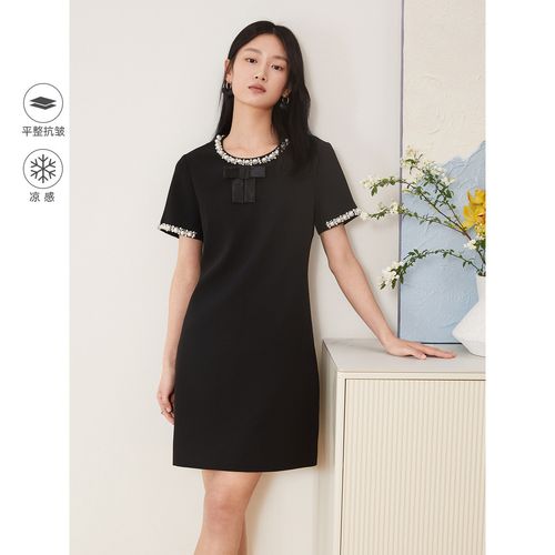 yiner音儿女装夏季法风赫本风钉珠圆领连衣裙