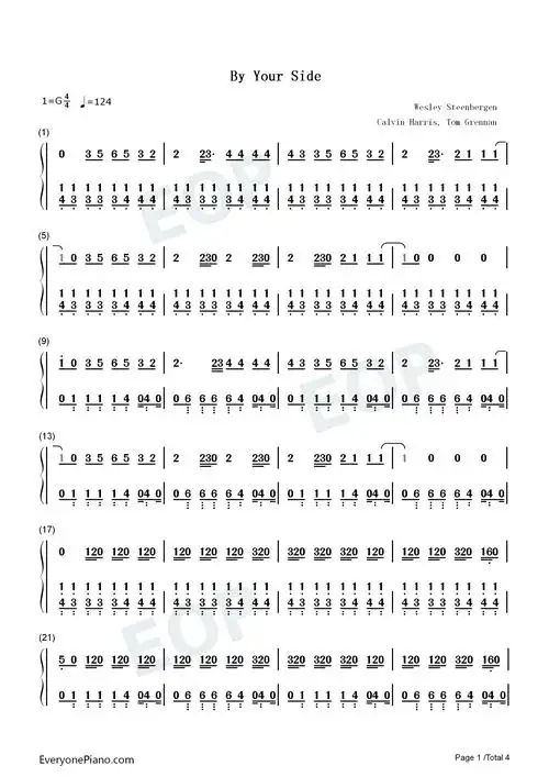 by your side-calvin harris ft tom grennan双手简谱预览1