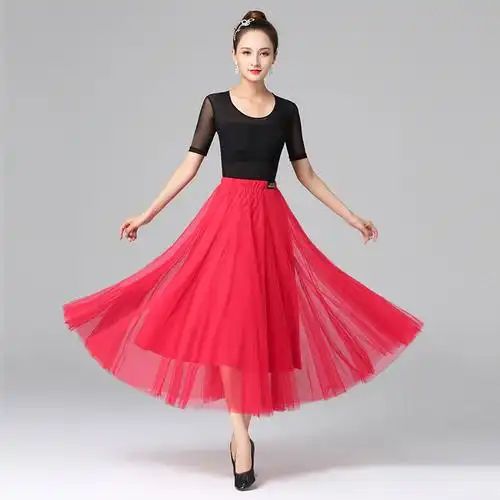 纱裙丹宝罗广场舞女长红色半身舞蹈大摆跳舞交谊舞广场舞半身裙