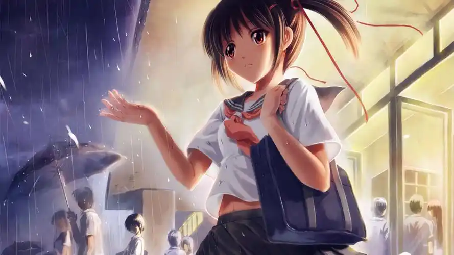 校服女生红领巾书包可爱辫子雨天学校放学动漫壁纸