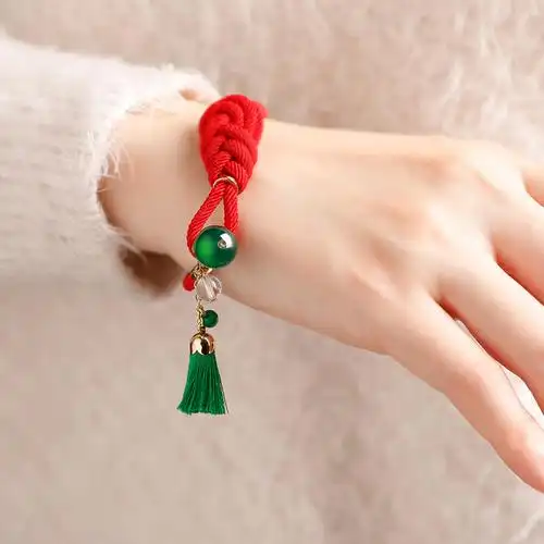 凤凰涅磐 绿玛瑙红绳手链流苏平安结手工编织学生简约民族风情侣