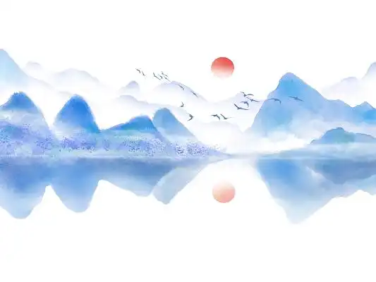 古风彩色水墨山水渐变落日png素材