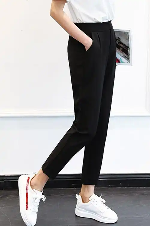 秋季新款韩版女休闲裤时尚百搭简约哈伦裤高腰九分裤通勤收口小脚裤子