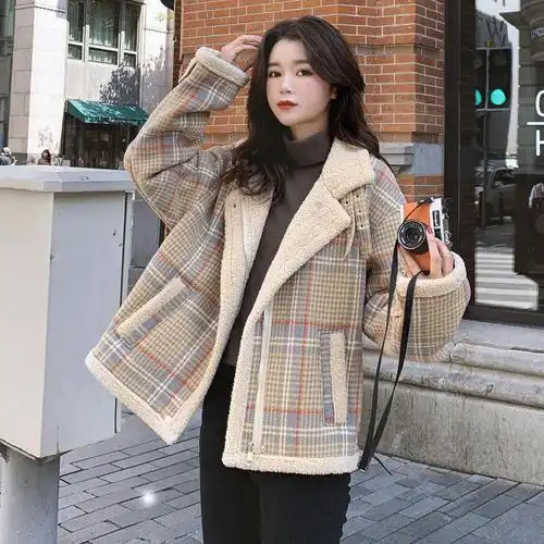 格子羊羔毛外套女短款秋冬新款韩版宽松毛呢加厚加绒大衣风潮加厚图片