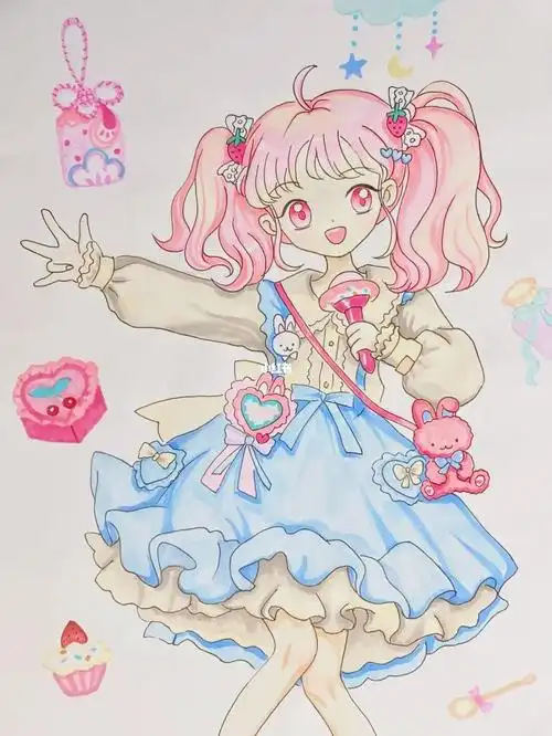 马克笔动漫人物手绘洛丽塔甜美女孩