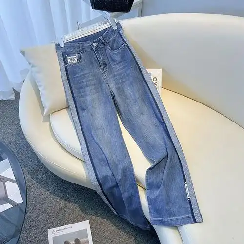 烫钻拼接撞色高腰阔腿牛仔裤女阔脚新款宽松今年流行裤子拖地裤-阿里