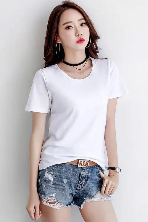 2020夏装韩版短袖白色圆领t恤女士修身简约纯白打底衫棉质体恤女 - 世