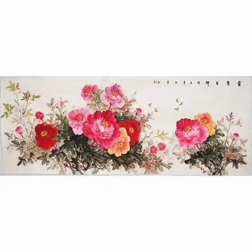 手绘牡丹花开富贵写意国画中式客厅卧室沙发背景墙国画