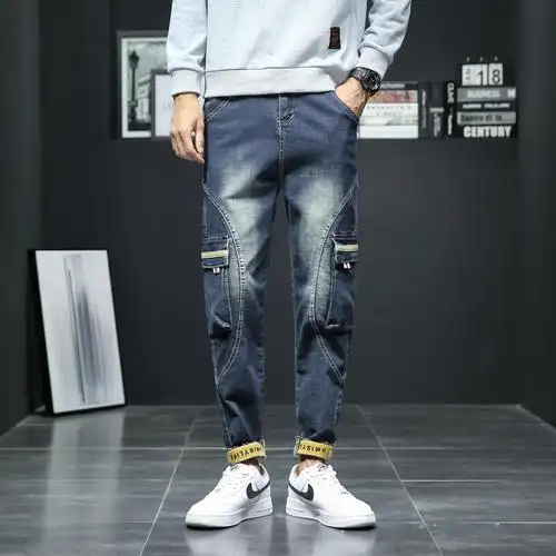 秋冬款工装裤男士拼接束脚裤小脚青年哈伦裤子男宽松大码牛仔裤男