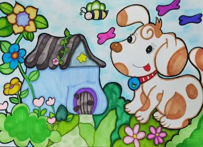 9一10岁儿童画小狗 还有颜色