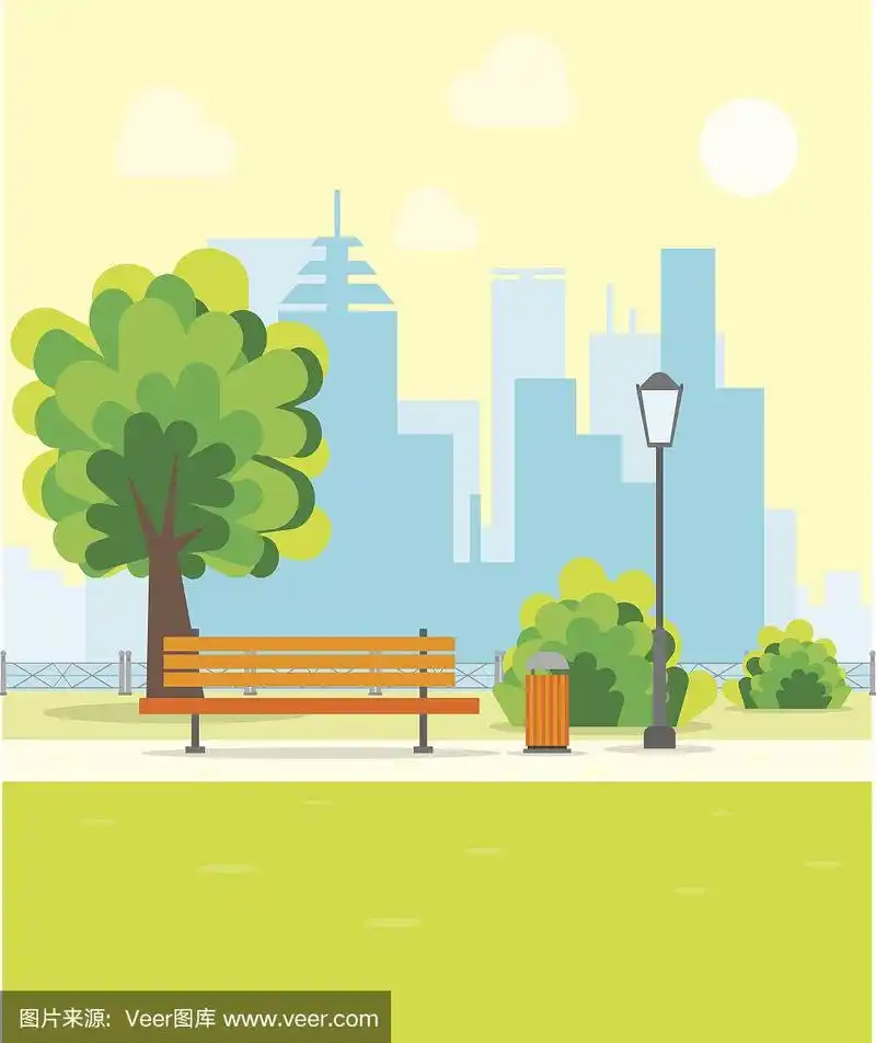 卡通城市公园与长椅.向量