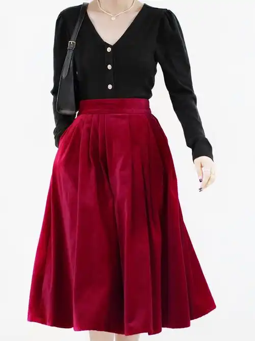 文亚棉丝绒暗红红裙子新品伞裙高腰百褶中长气质半身裙