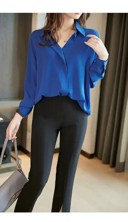 bin宝蓝色雪纺衬衫女长袖2021季新款宽松法式上衣v领衬衣克莱因蓝m