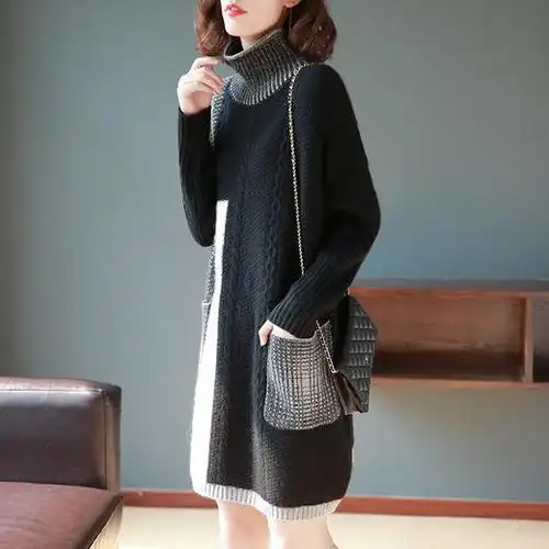 高领长袖中长款连衣裙女秋冬女装裙子打底毛衣裙ht6074