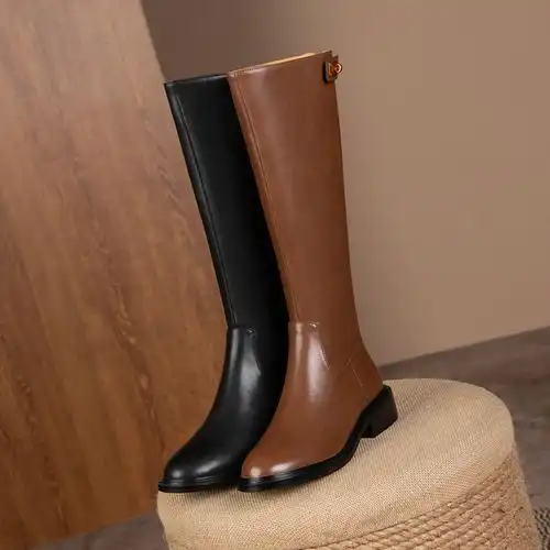 棕色高筒骑士靴女秋冬真皮不过膝长筒皮靴后拉链金锁扣加绒长靴子