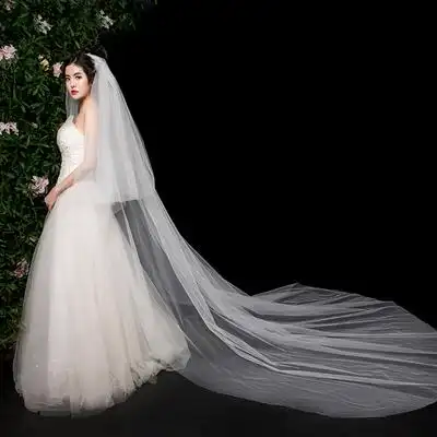 婚纱头纱新娘超仙森系复古蓬蓬长款拖尾主婚纱白香槟拍照简约头饰