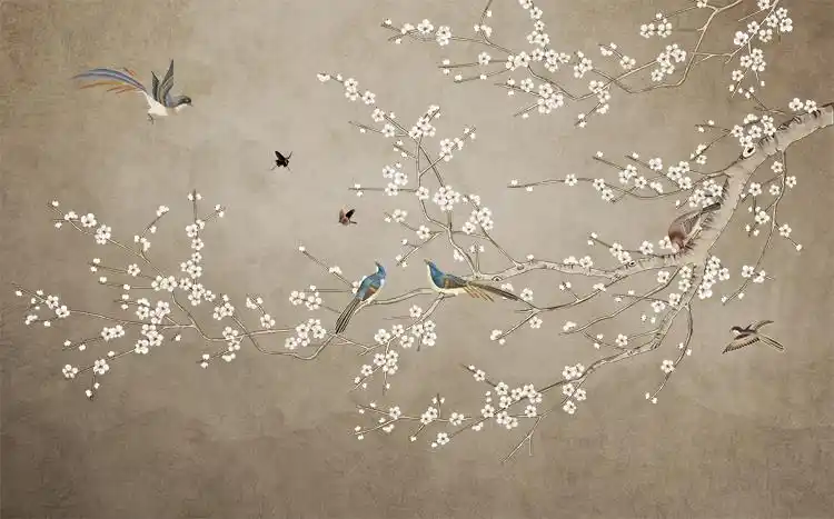 中式花鸟梅花客厅电视墙背景大型壁画沙发墙纸壁纸无缝墙布3d大气