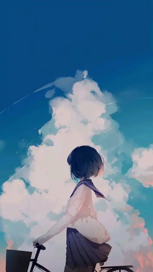 唯美云下骑单车的短发学生妹手机壁纸 小清新 动漫壁纸