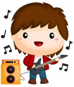 电吉他的男孩一个男孩用电吉他演奏音乐照片