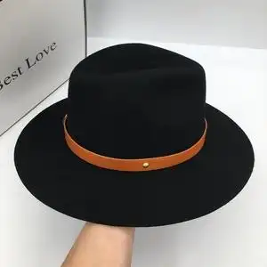 秋冬帽子男礼帽羊毛呢毡帽复古英伦风宽檐绅士帽简约皮带雅痞帽