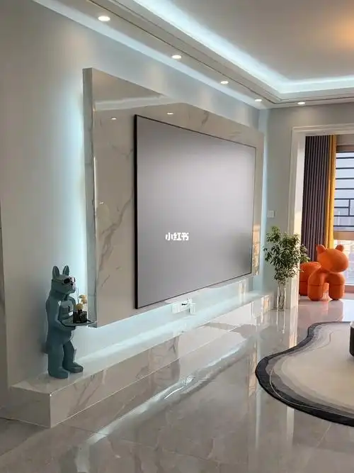 简约极简风格黑白灰岩板悬空电视背景墙