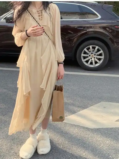 2022早春款连衣裙香槟仙女吊带裙春季 香槟色 两 l【图片 价格 品牌