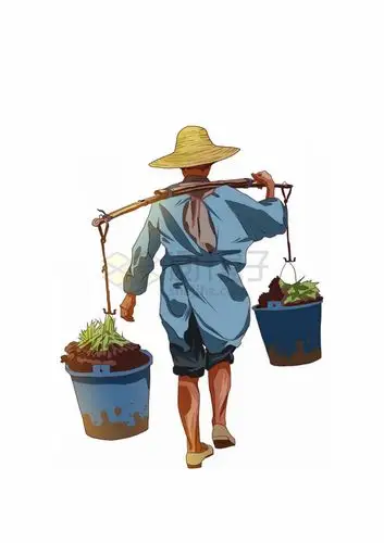 用扁担挑担子的农民背影彩绘插画png图片素材