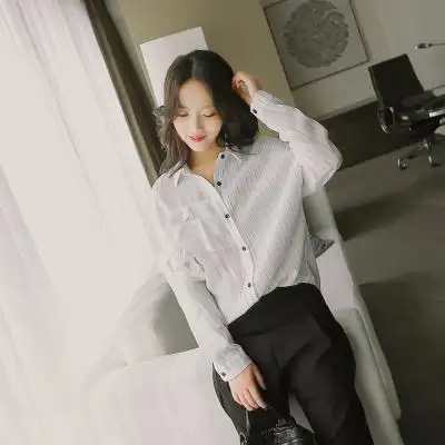 2016新款春装韩版时尚竖条纹衬衣女长袖宽松百搭白色衬衫女韩范