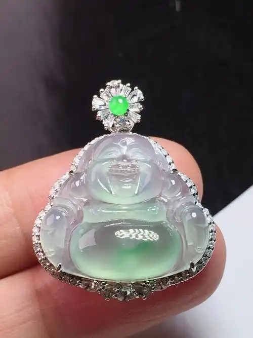 玉临门冰种缅甸a货飘绿佛公翡翠吊坠1821518k金镶嵌伴钻