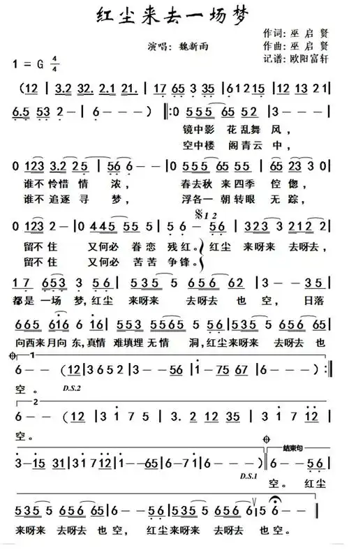 红尘来去一场梦(魏新雨)_简谱_17吉他网