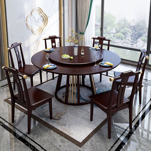 月影梳桐新中式实木餐桌椅组合家用圆桌台带转盘8人餐厅家具现代风格