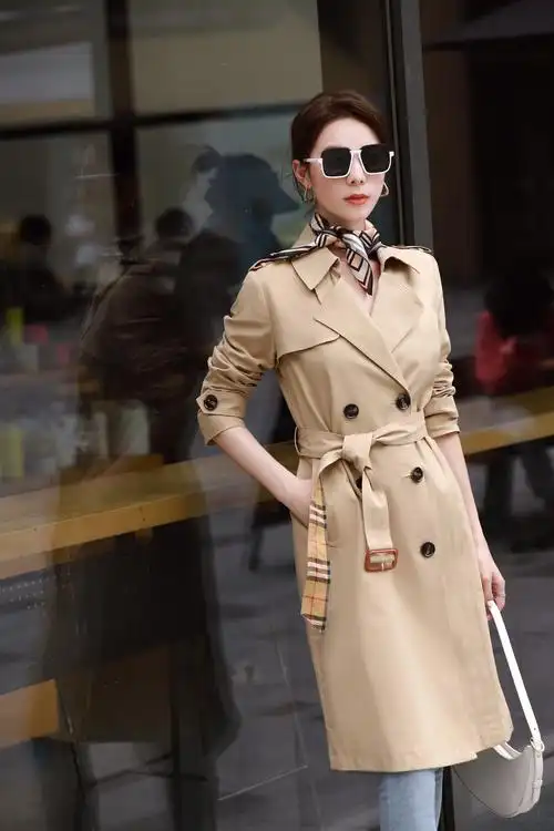 2022秋冬款b家复古时尚休闲纯色中长款风衣双排扣高腰驼色外套女